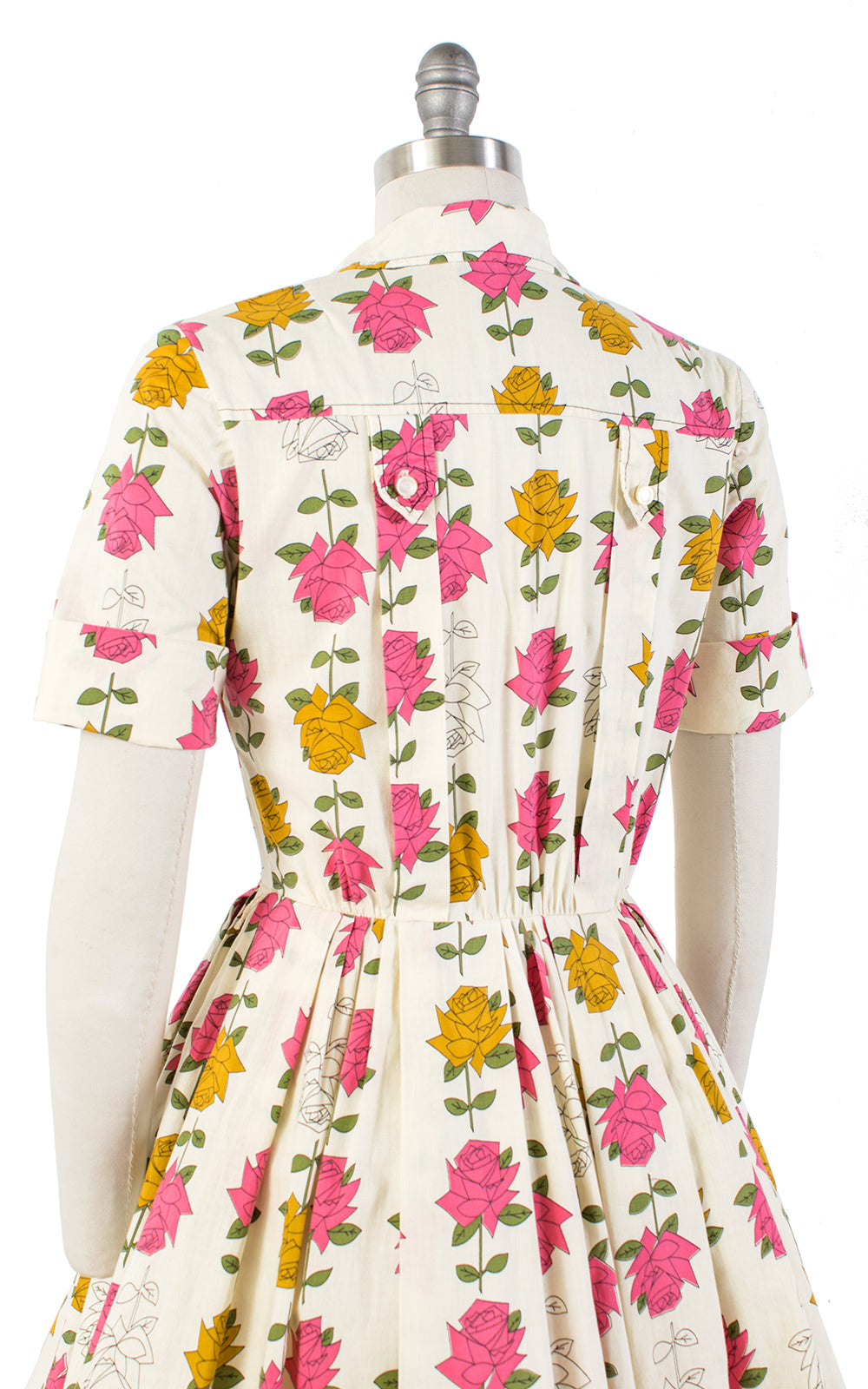 1950s Illustrated Rose Stems Cotton Shirtwaist Dress | medium