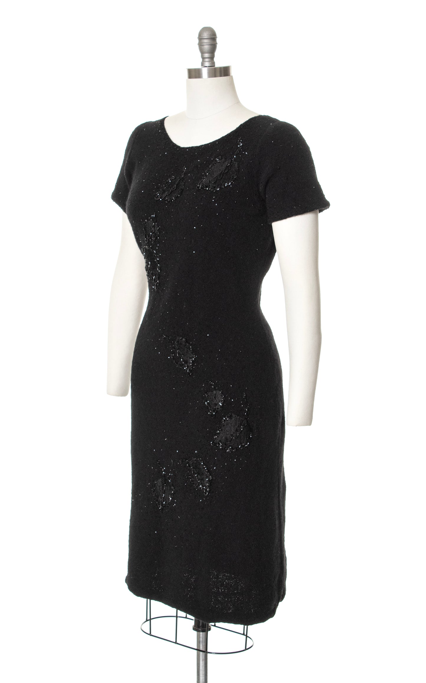 1950s Leaf Beaded Knit Black Wool Sweater Dress | small/medium/large