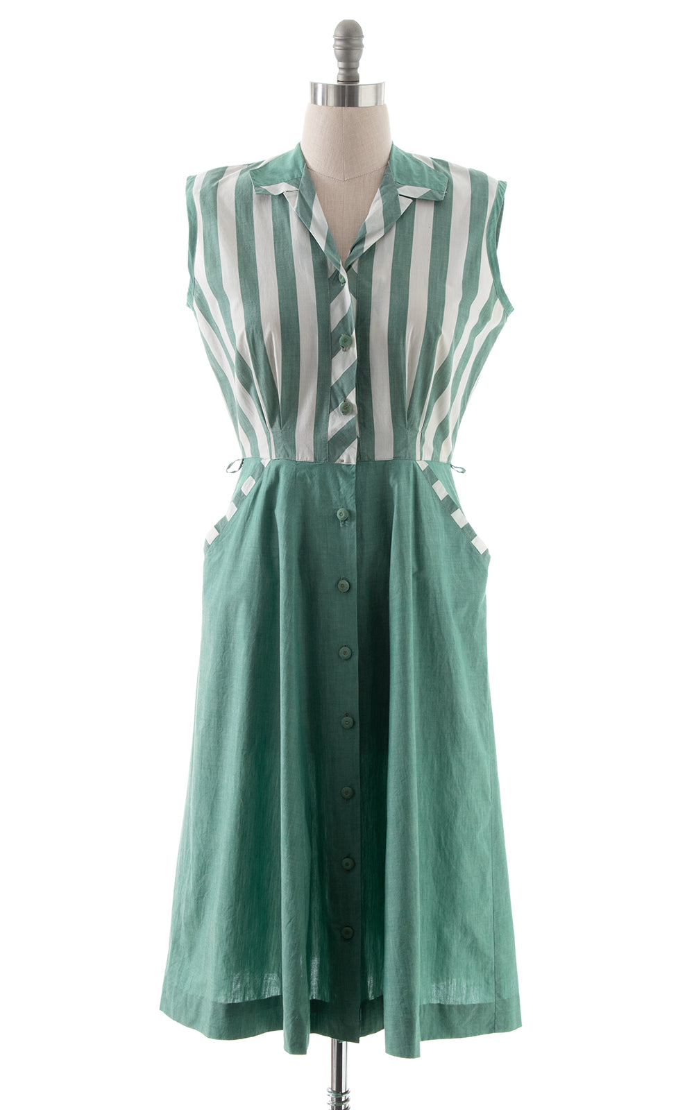 1950s Green Striped Shirt Dress with Pockets | medium