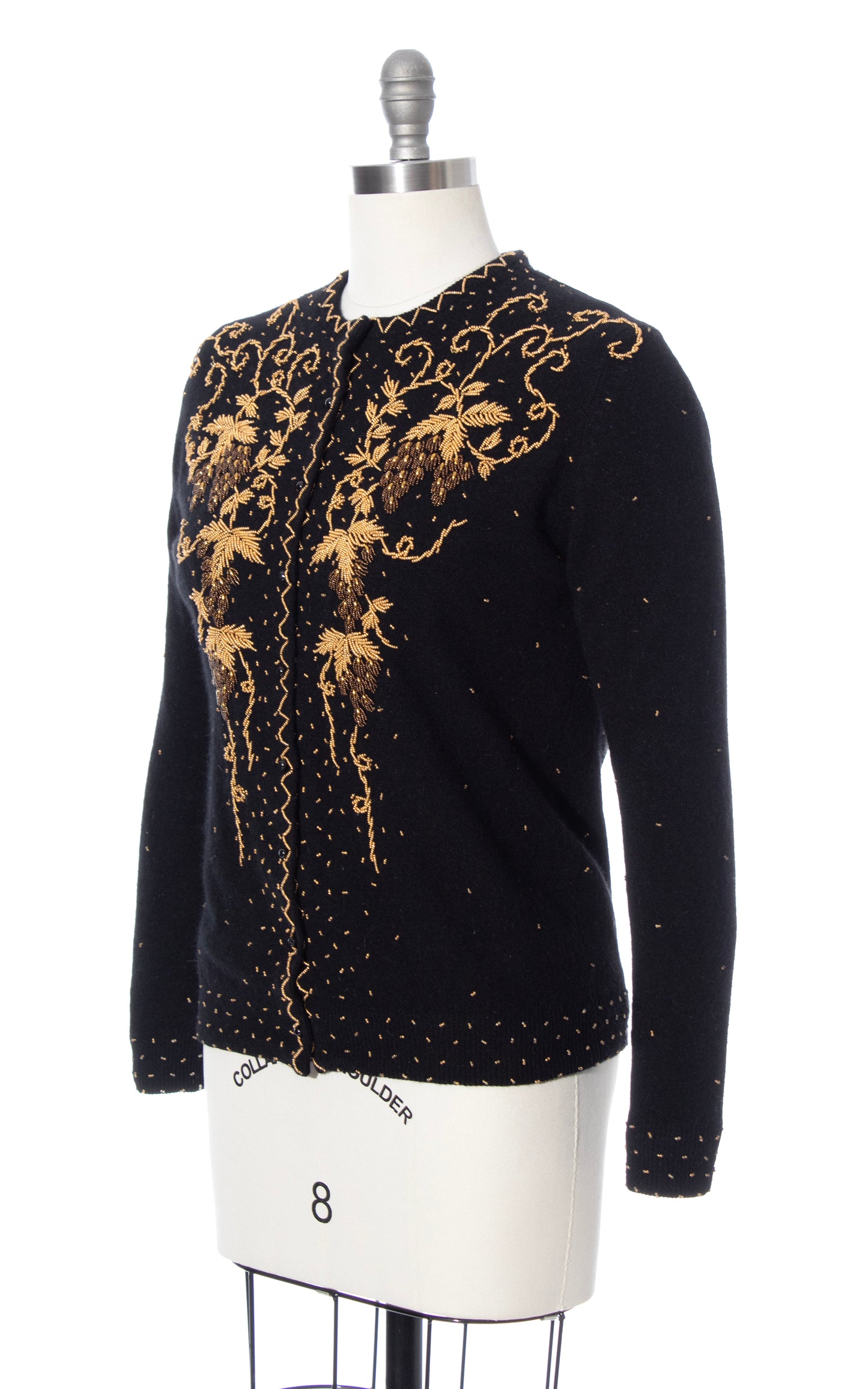 Vintage 60s 1960s Grapes Novelty Print Beaded Knit Black Wool Cardigan BirthdayLifeVintage