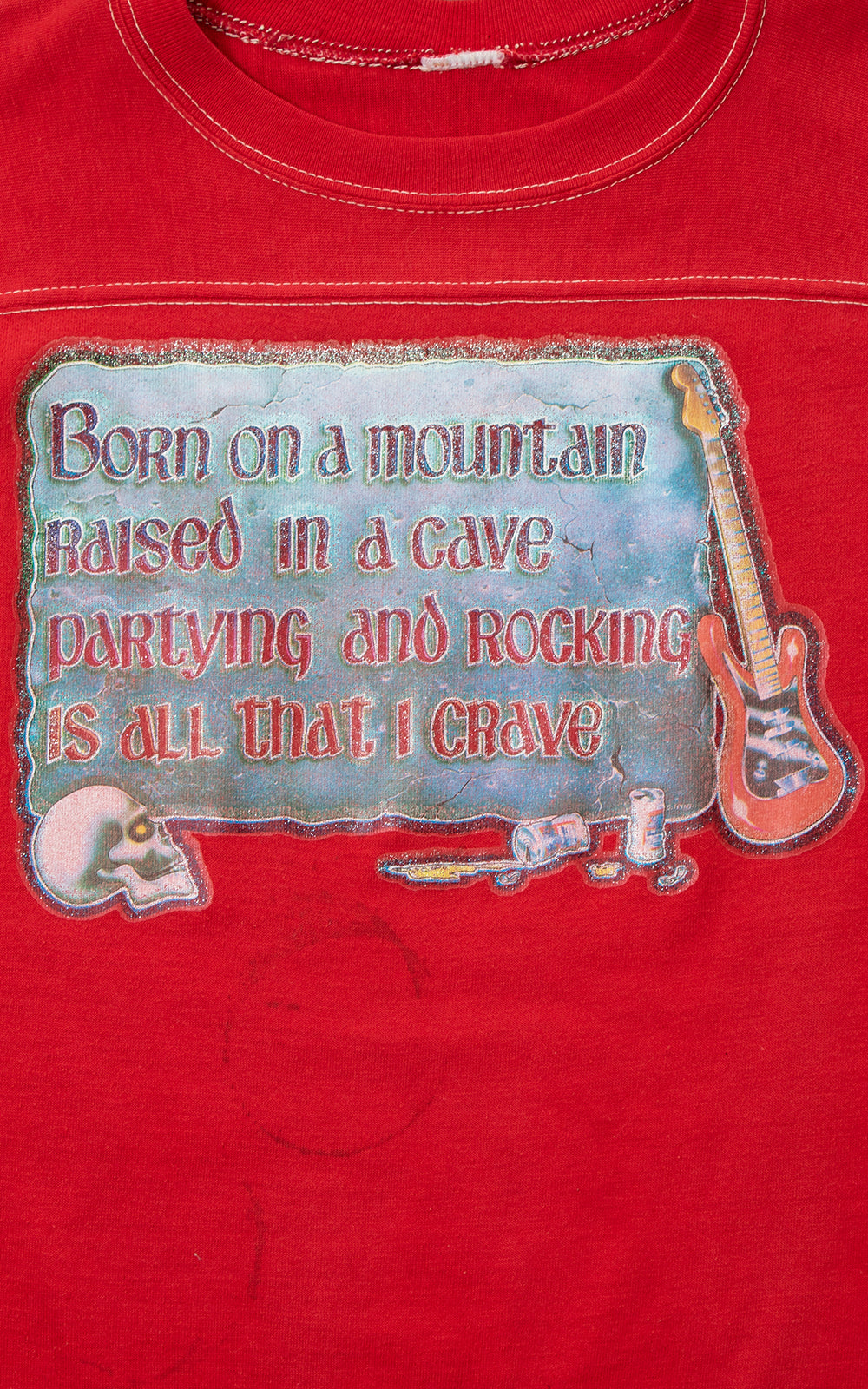 Vintage 1970s Rocker Metal Guitar Skull Novelty Iron-On Transfer Tee by Birthday Life Vintage