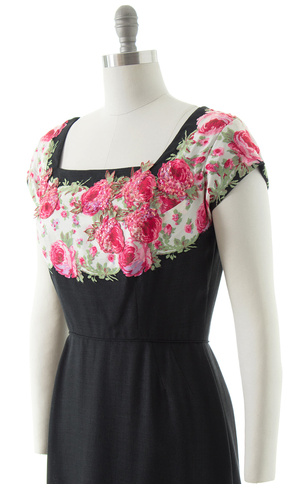1950s Peggy Hunt Floral Sequin Silk & Linen Dress BirthdayLifeVintage