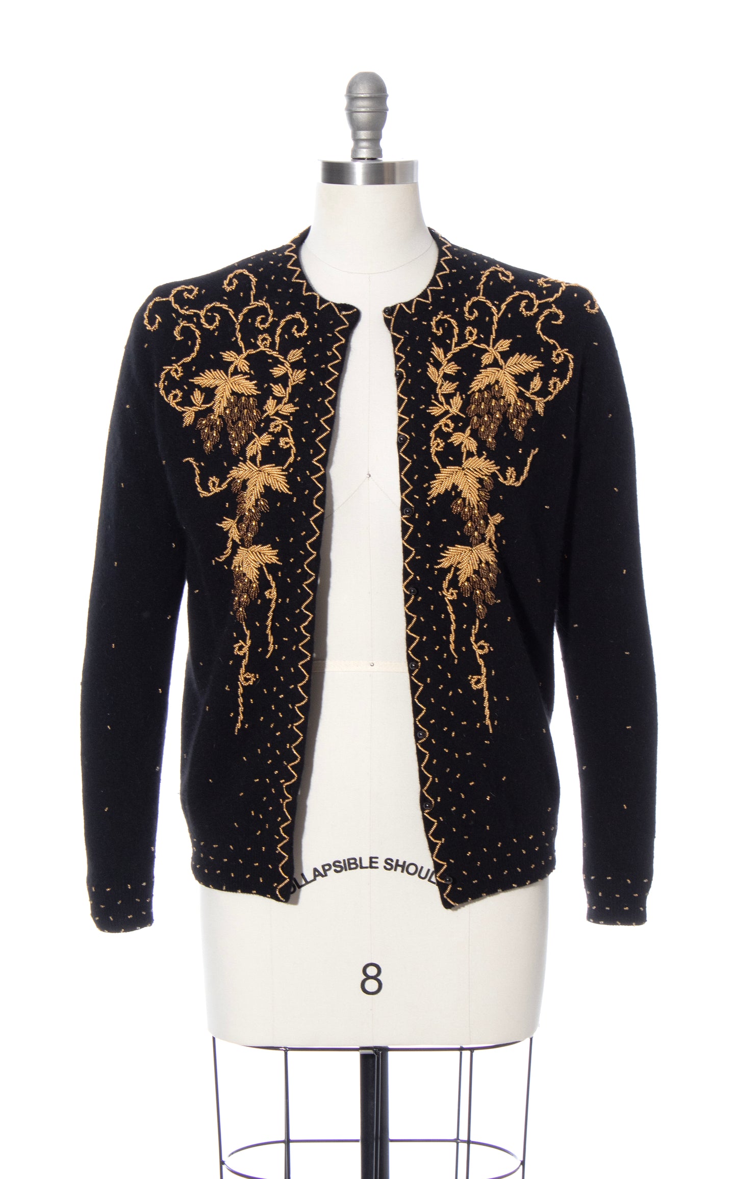 Vintage 60s 1960s Grapes Novelty Print Beaded Knit Black Wool Cardigan BirthdayLifeVintage