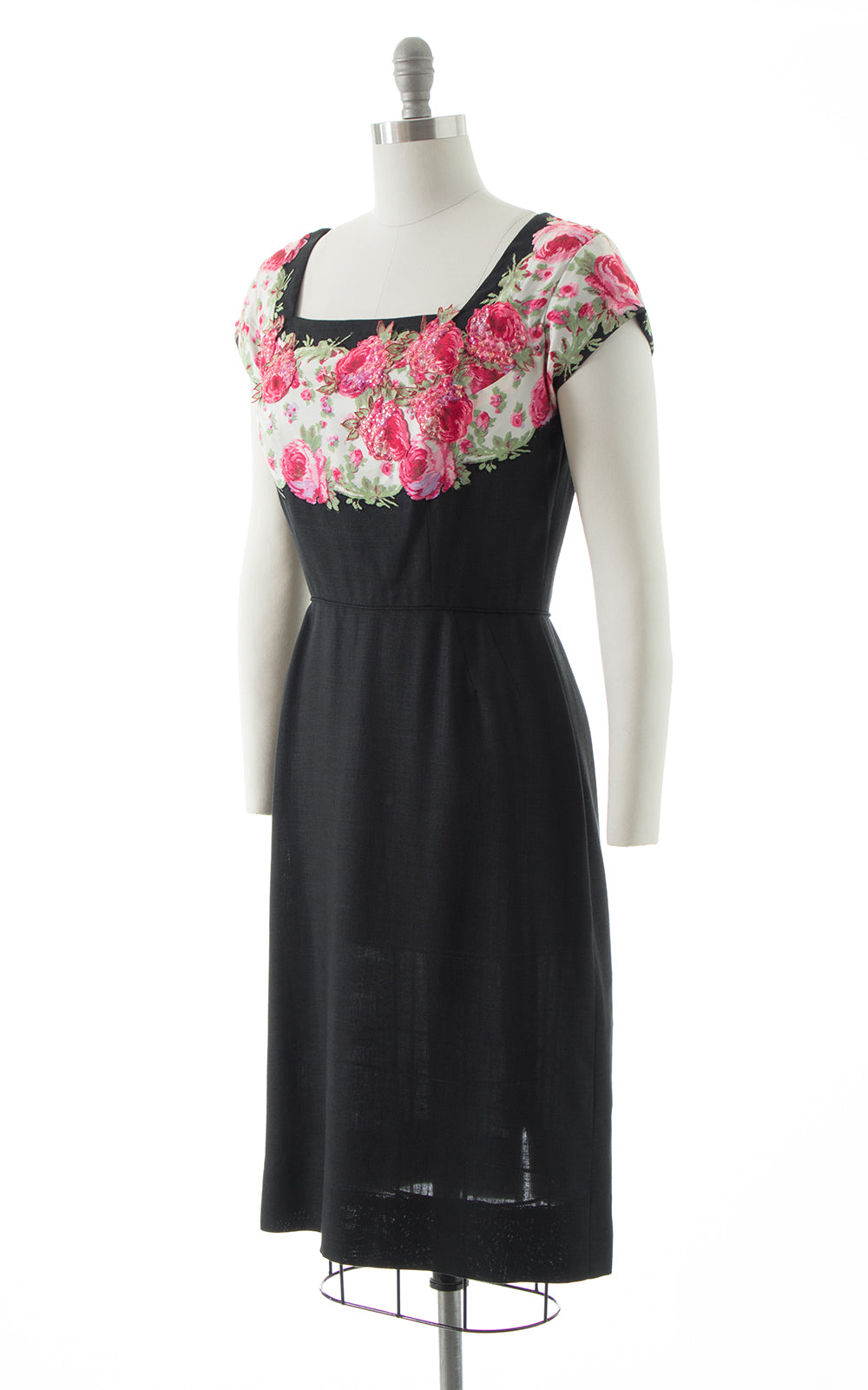 1950s Peggy Hunt Floral Sequin Silk & Linen Dress BirthdayLifeVintage