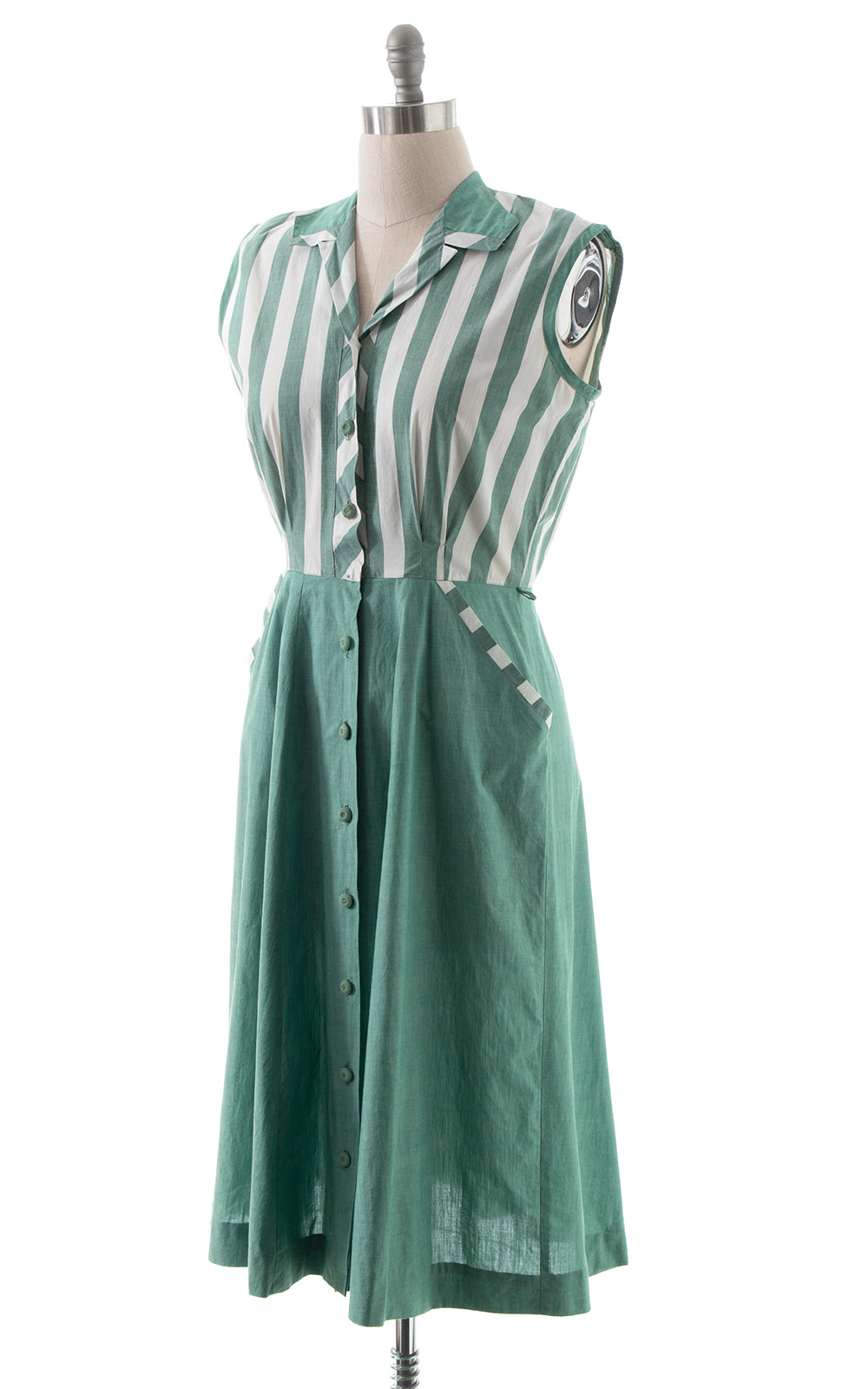 1950s Green Striped Shirt Dress with Pockets | medium