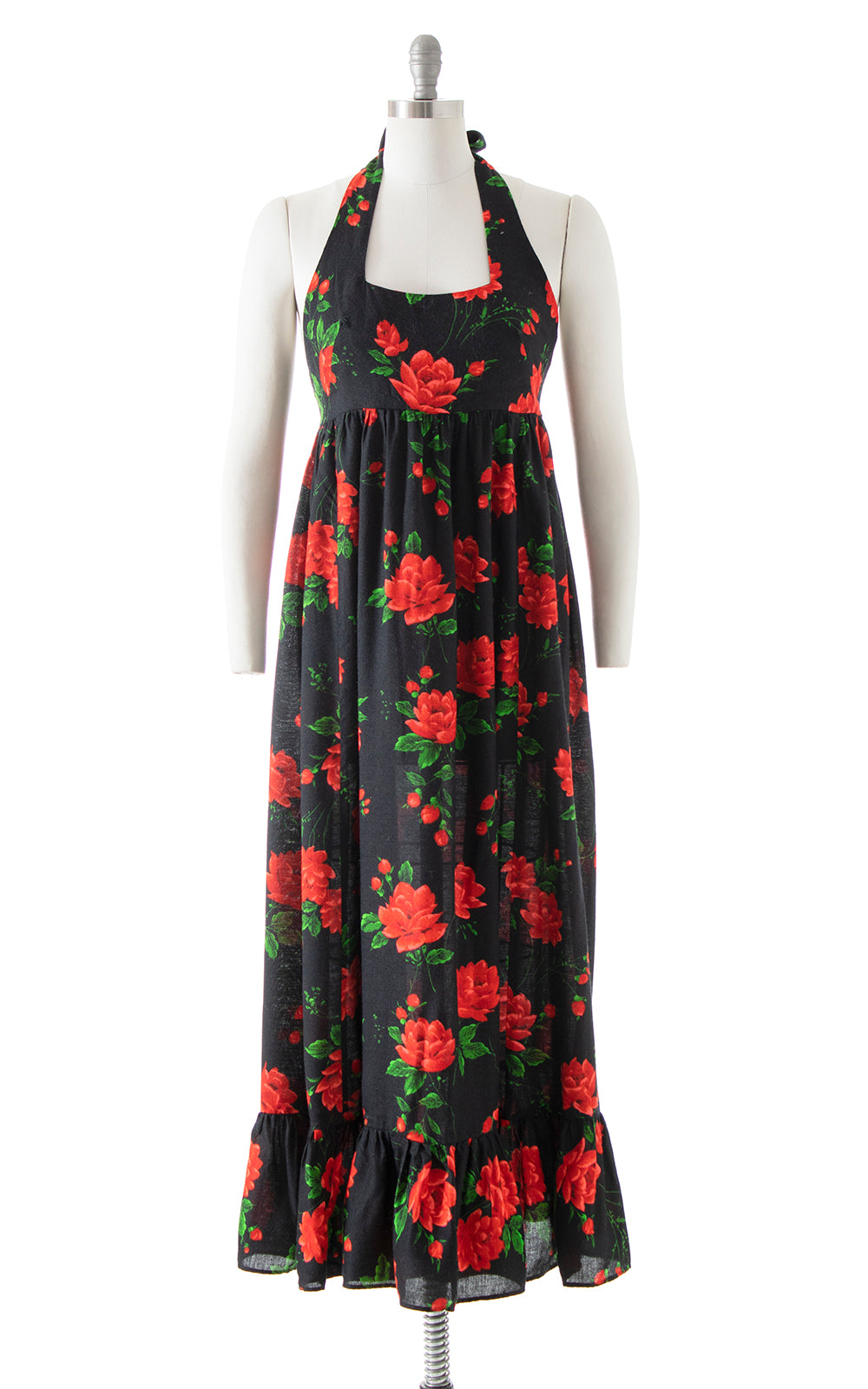 Vintage 1970s 70s Rose Print Floral Printed Black Red Halter Tiered Maxi Dress Birthday Life Vintage