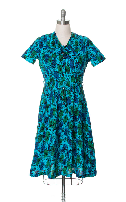 Vintage 60s 1960s Floral Rectangles Cotton Shirtwaist Day Dress Blue Green BirthdayLifeVintage