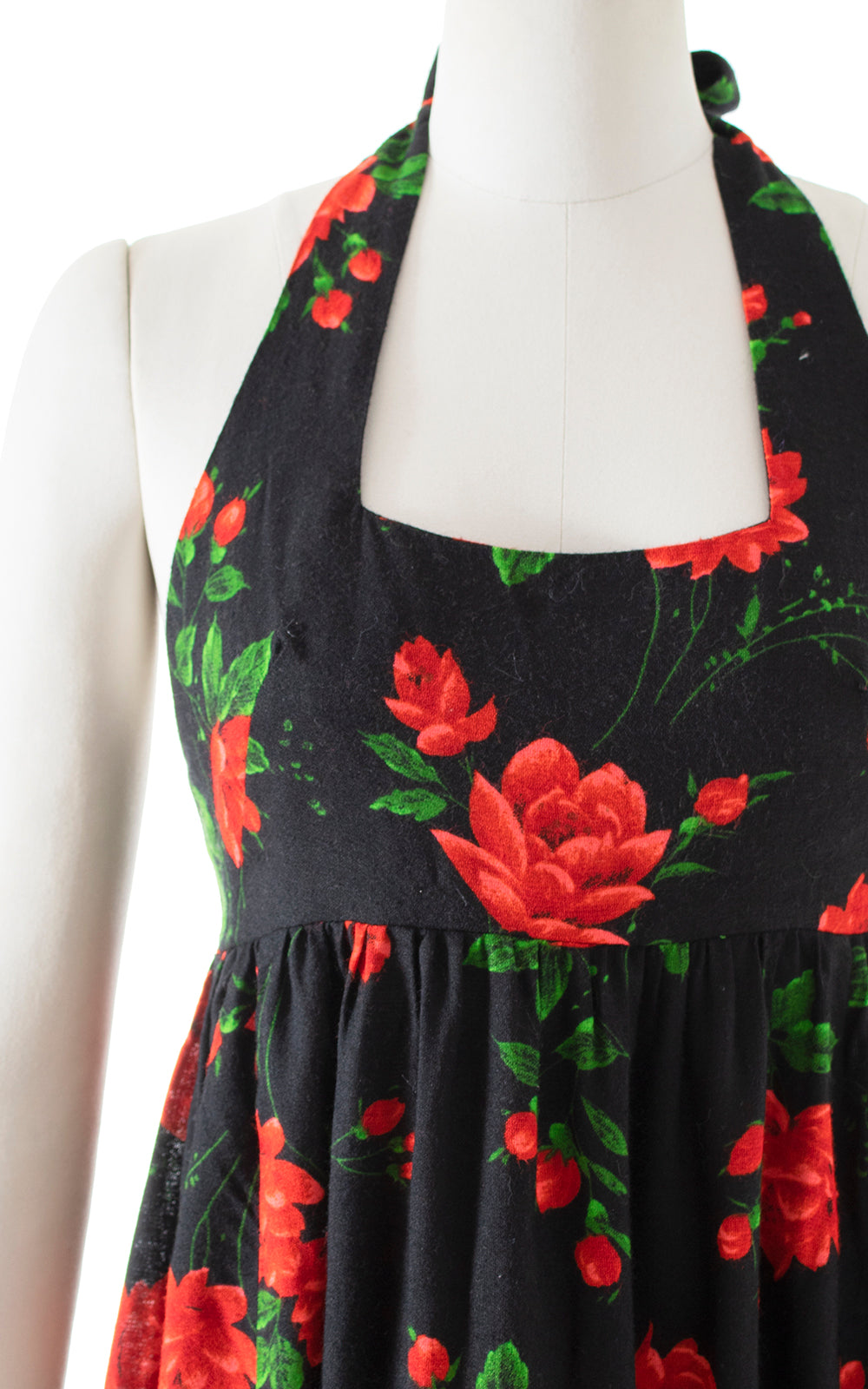 Vintage 1970s 70s Rose Print Floral Printed Black Red Halter Tiered Maxi Dress Birthday Life Vintage