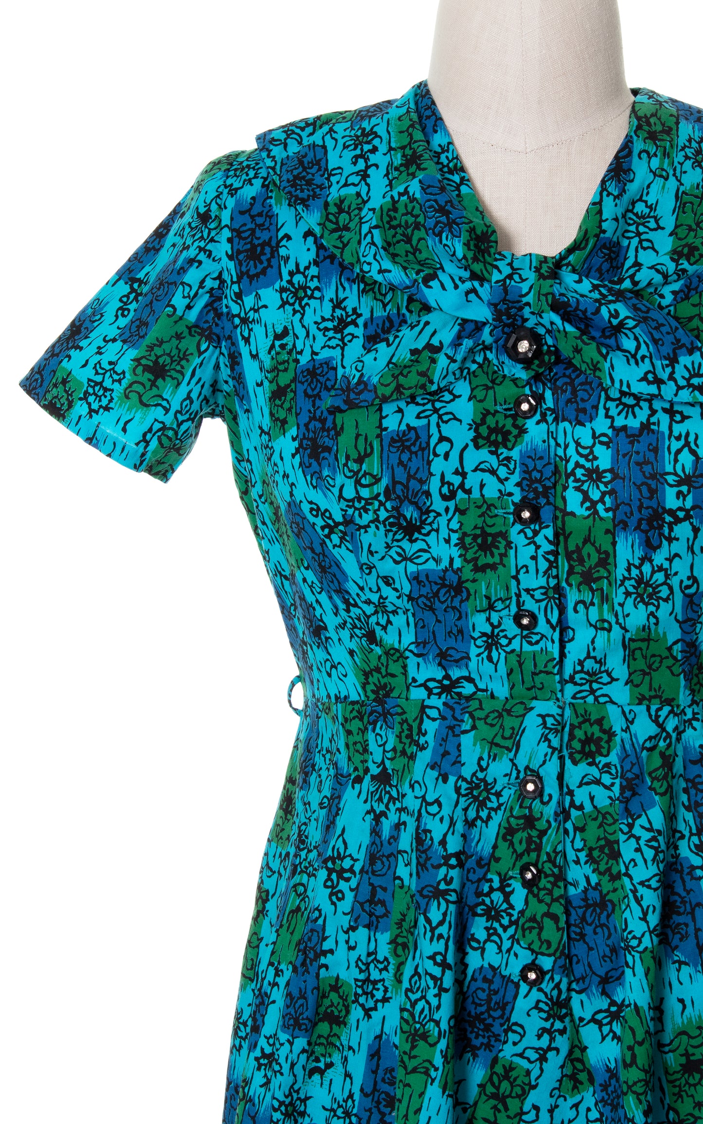Vintage 60s 1960s Floral Rectangles Cotton Shirtwaist Day Dress Blue Green BirthdayLifeVintage