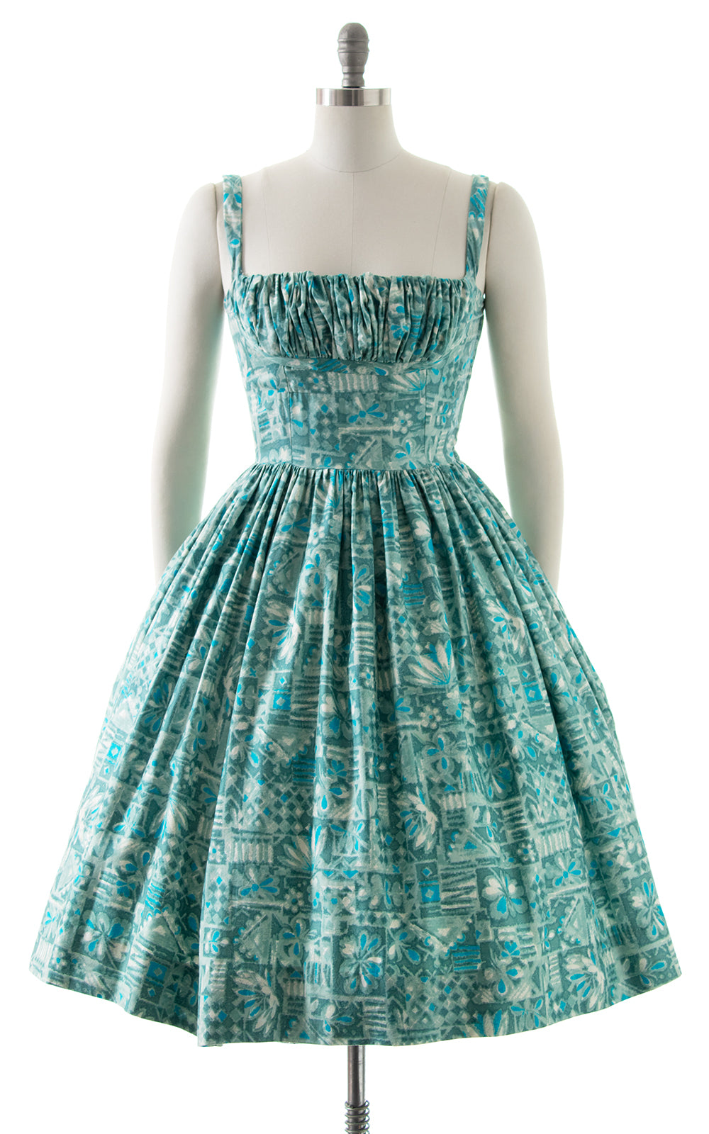 1950s Tiki Print Gathered Bust Sundress 1950s Tiki Print Gathered Bust Sundress