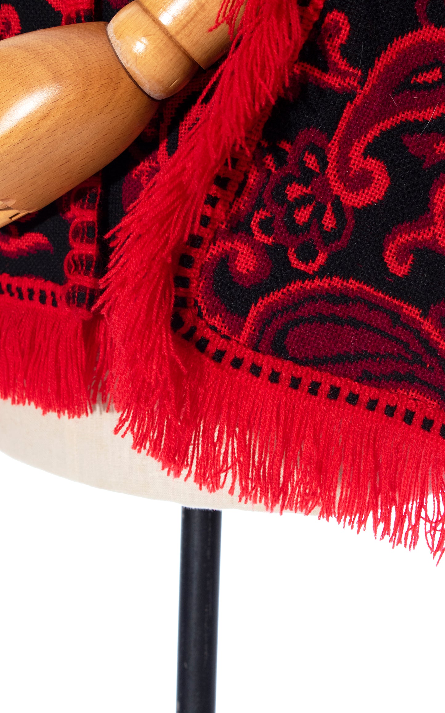 Vintage 70s 1970s Paisley Red Woven Psychedelic Cape with Fringe Birthday Life Vintage