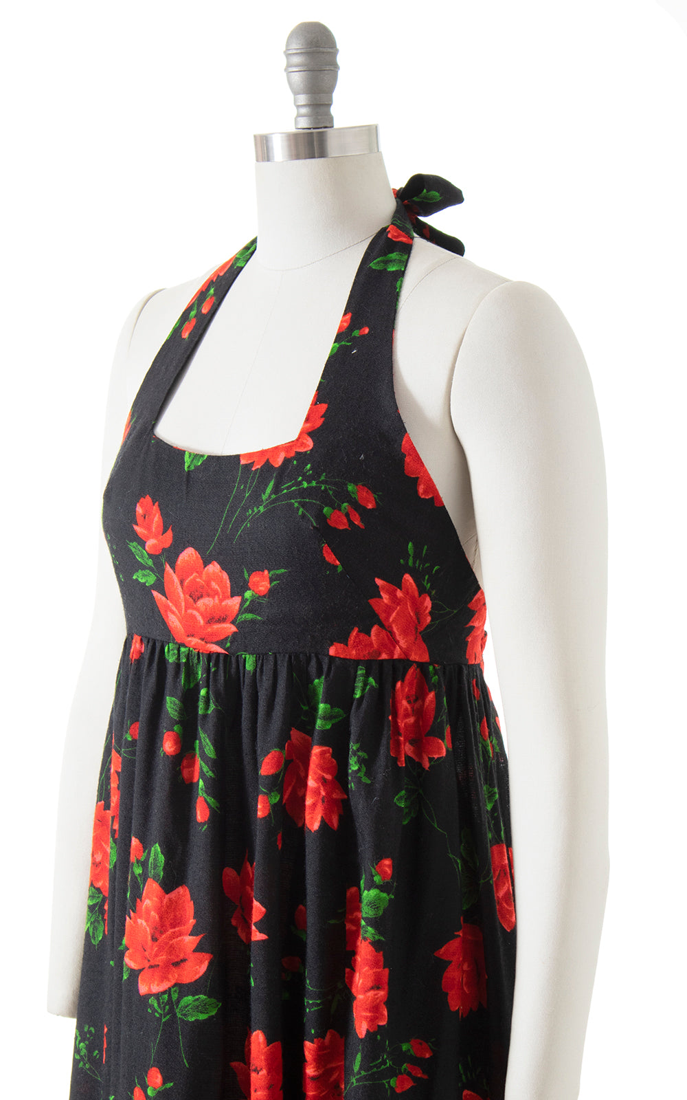 Vintage 1970s 70s Rose Print Floral Printed Black Red Halter Tiered Maxi Dress Birthday Life Vintage