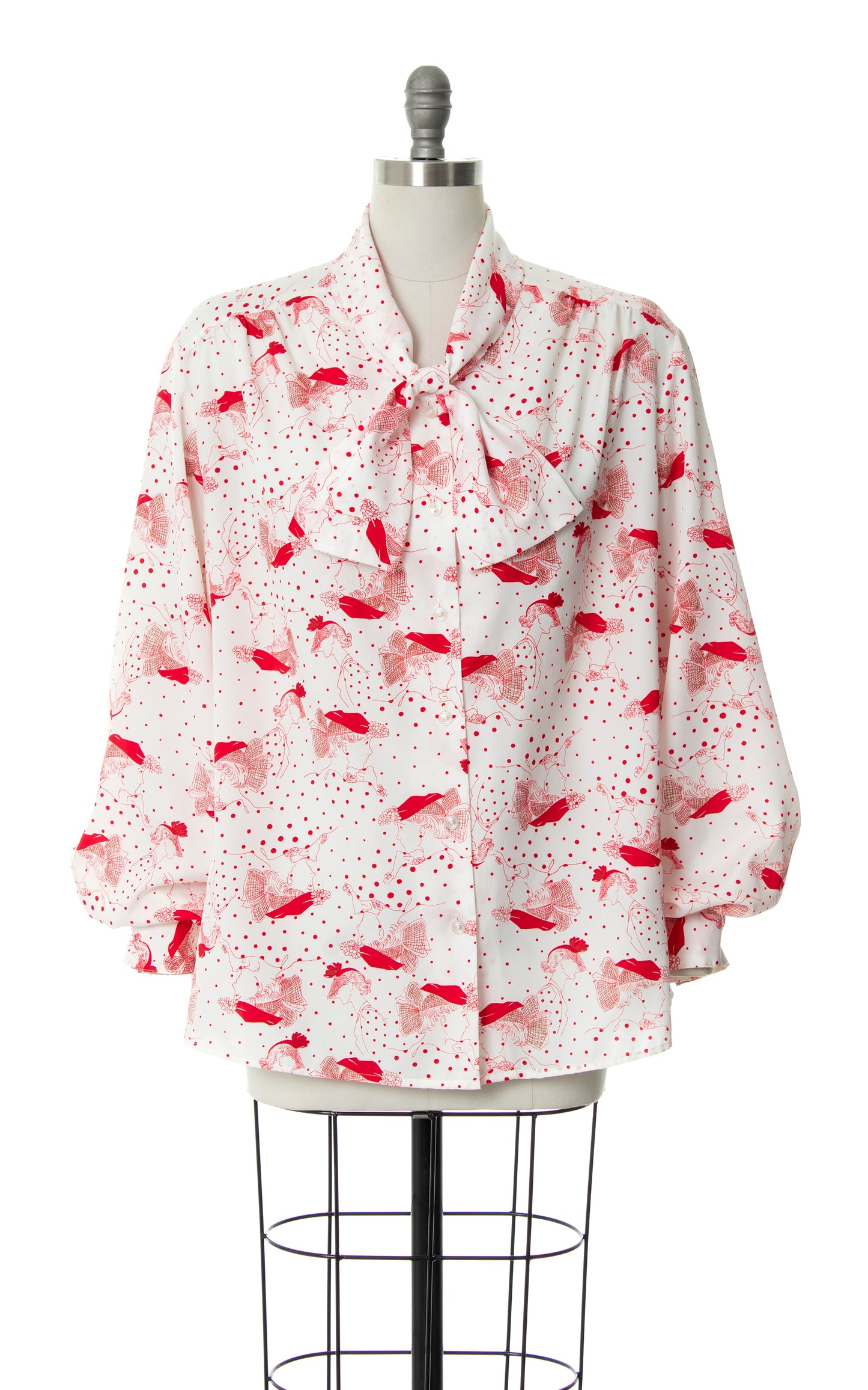 Vintage 1980s 80s does 1940s 40s Lady Polka Dot Novelty Print Pussy Bow White Blouse | x-large | Birthday Life Vintage