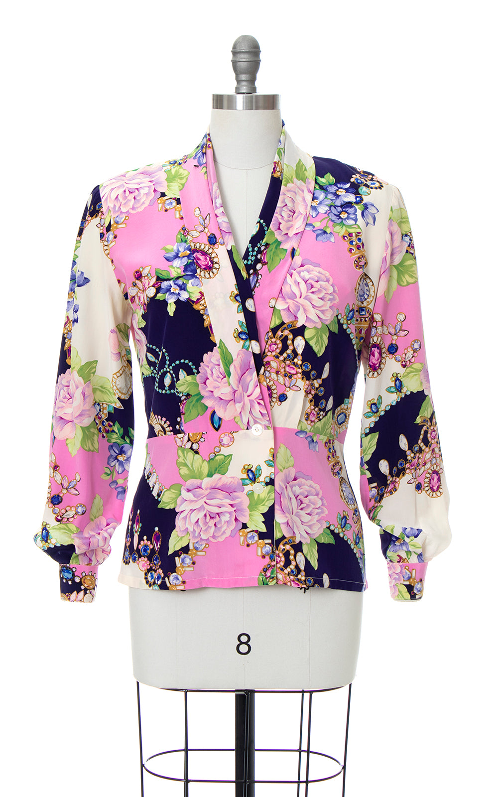 1980s Silk Rhinestone Jewelry Roses Novelty Print Blouse | medium/large