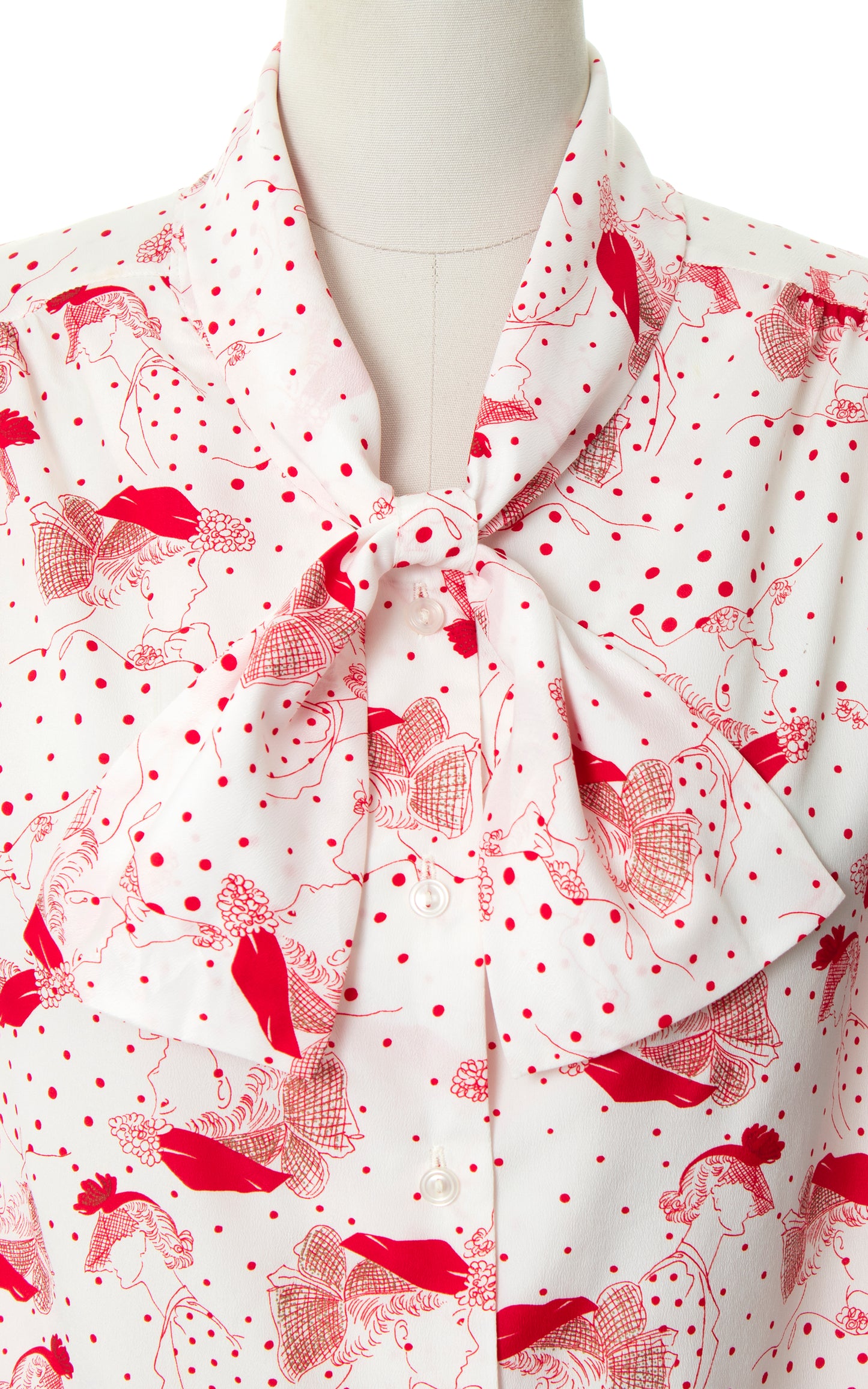 Vintage 1980s 80s does 1940s 40s Lady Polka Dot Novelty Print Pussy Bow White Blouse | x-large | Birthday Life Vintage