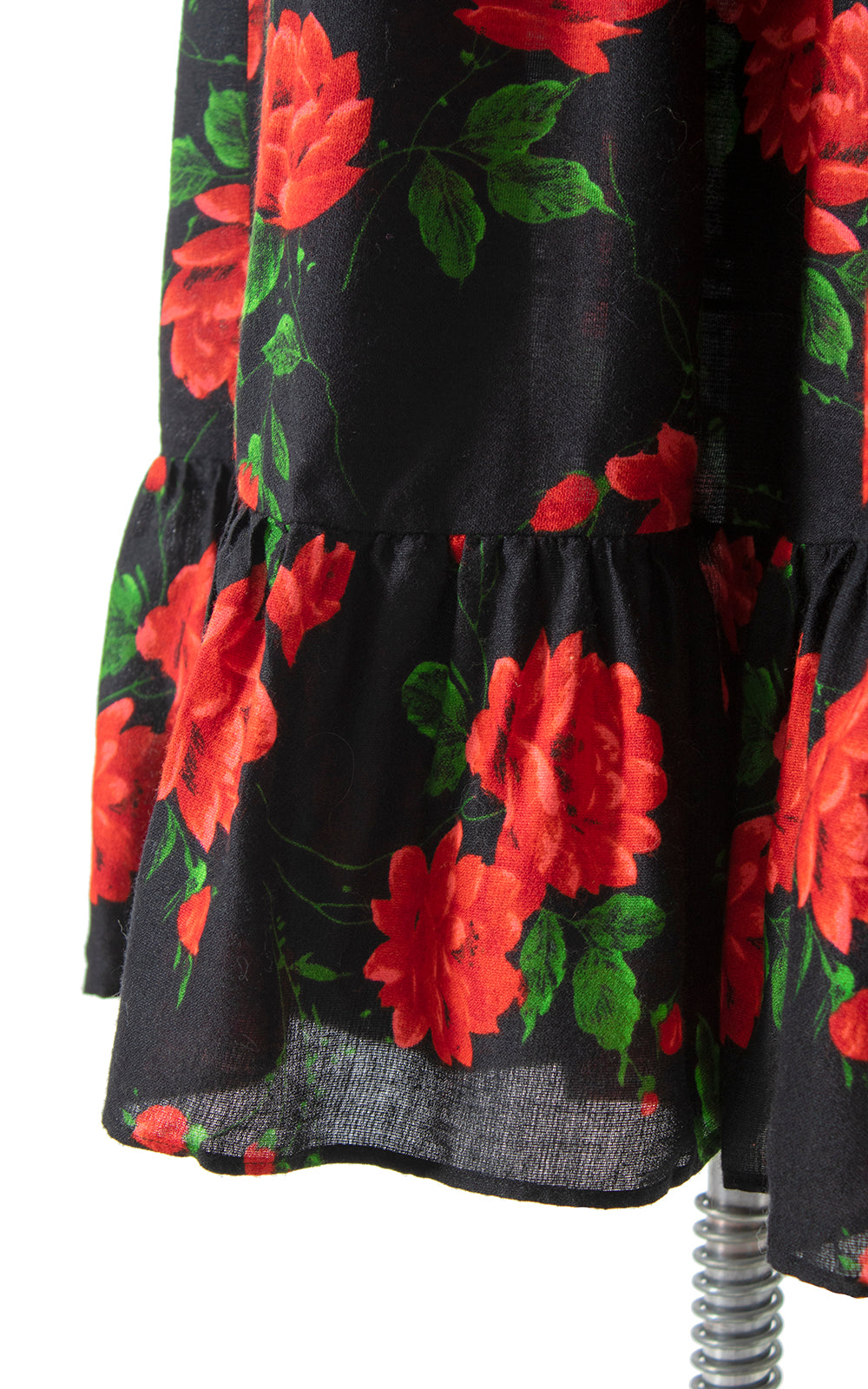 Vintage 1970s 70s Rose Print Floral Printed Black Red Halter Tiered Maxi Dress Birthday Life Vintage