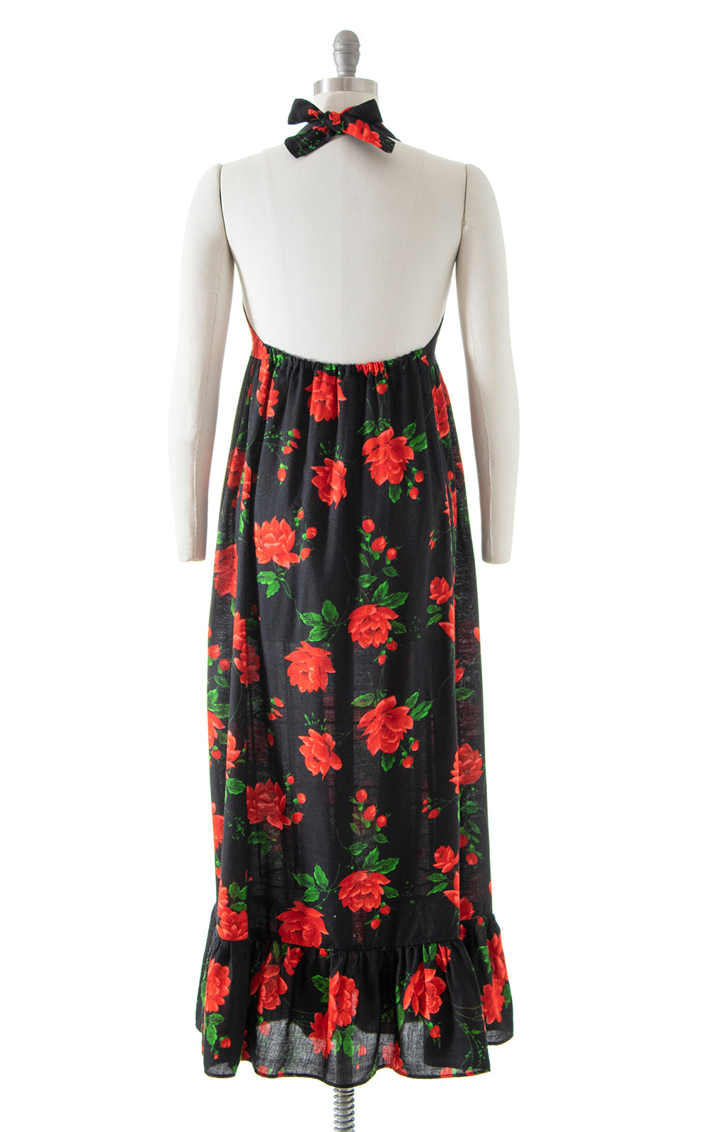 Vintage 1970s 70s Rose Print Floral Printed Black Red Halter Tiered Maxi Dress Birthday Life Vintage
