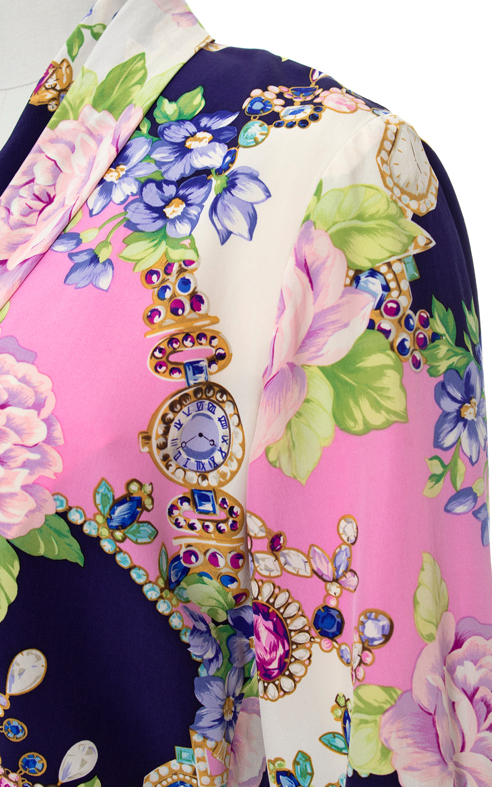 1980s Silk Rhinestone Jewelry Roses Novelty Print Blouse | medium/large