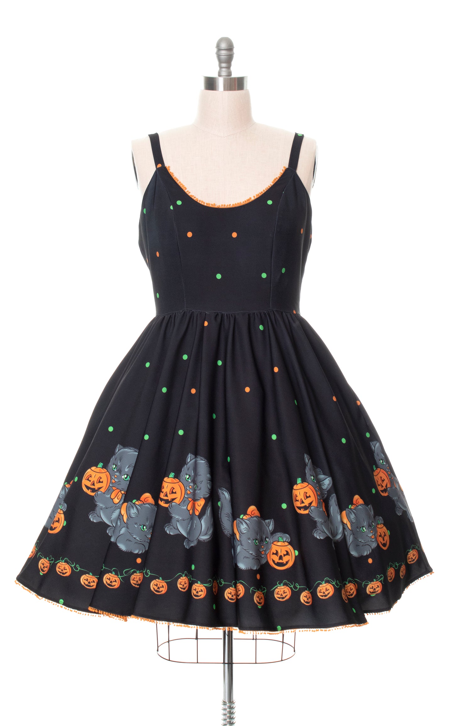 Modern Sourpuss Vintage 1950s Style Cats & Pumpkins Novelty Border Print Black Sundress with Pockets Birthday Life Vintage