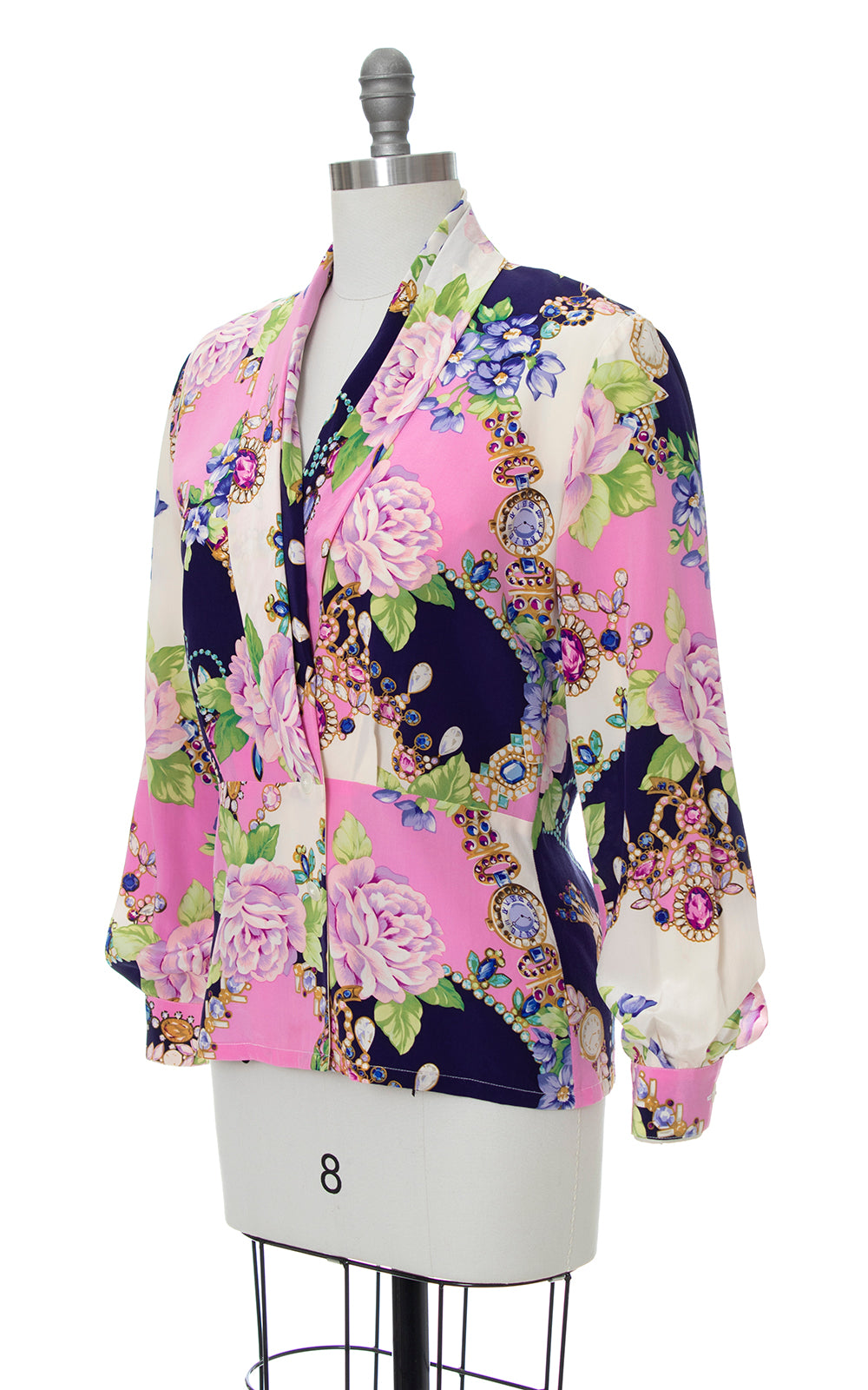 1980s Silk Rhinestone Jewelry Roses Novelty Print Blouse | medium/large