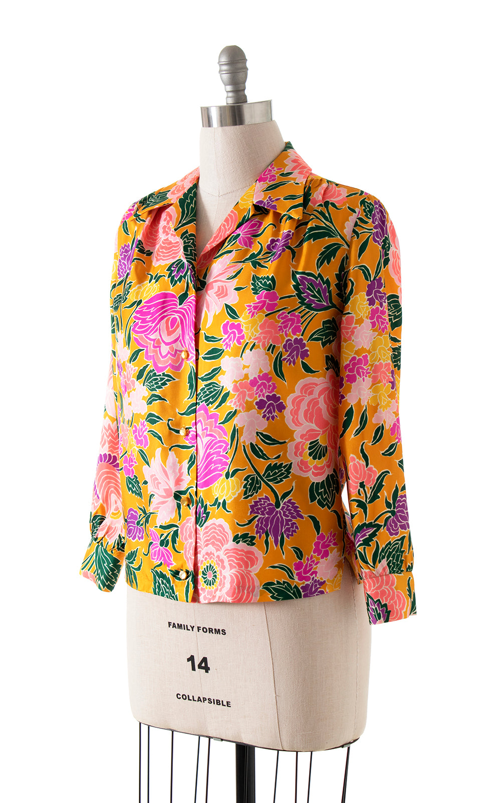Vintage 1960s 60s 1970s 70s Bright Floral Printed Yellow Pink Button Up Long Sleeve Blouse Birthday Life Vintage