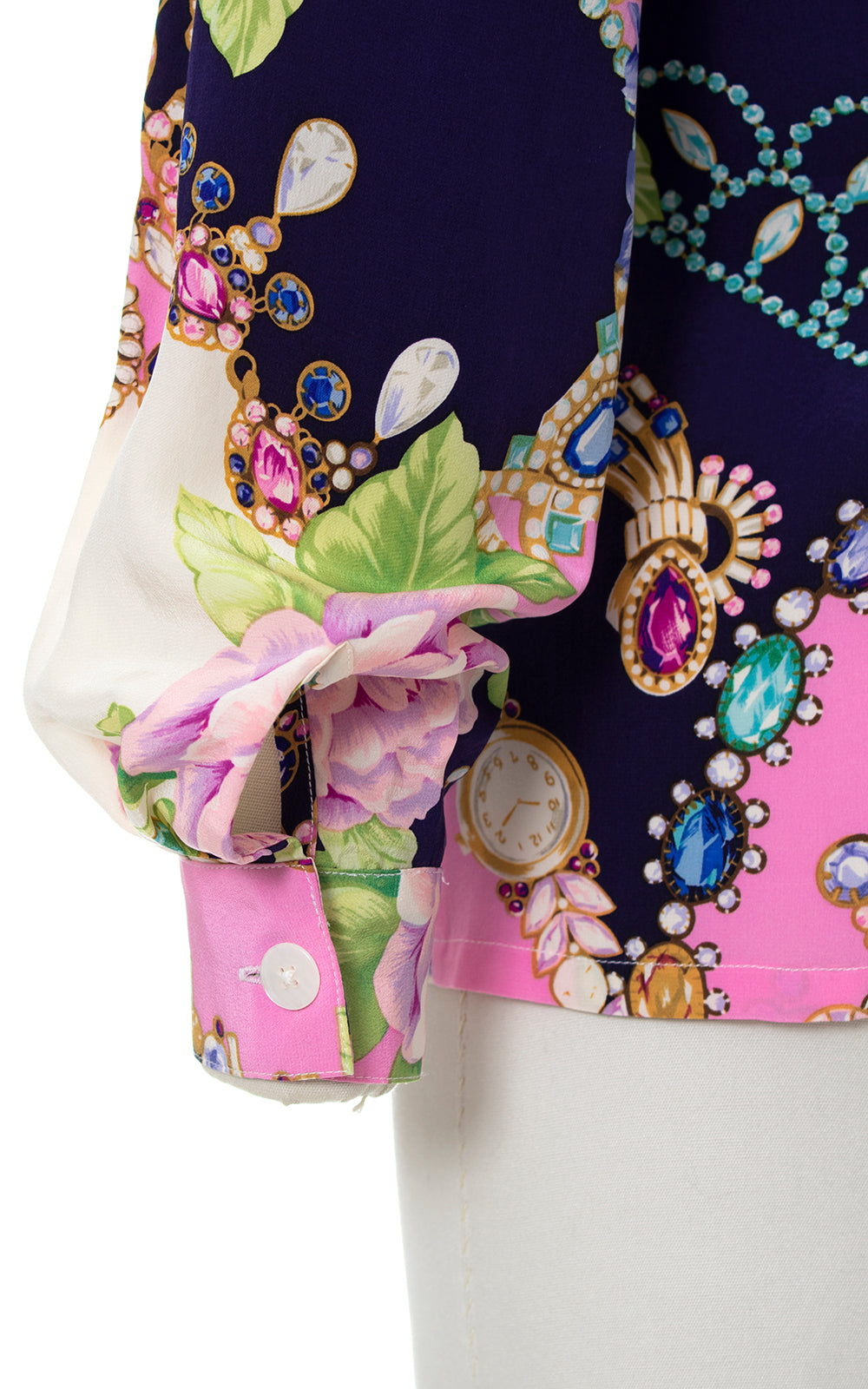 1980s Silk Rhinestone Jewelry Roses Novelty Print Blouse | medium/large