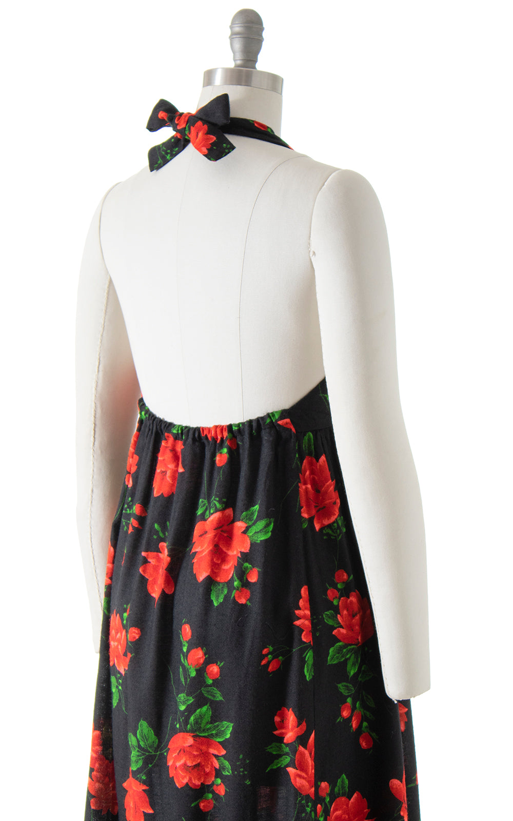 Vintage 1970s 70s Rose Print Floral Printed Black Red Halter Tiered Maxi Dress Birthday Life Vintage