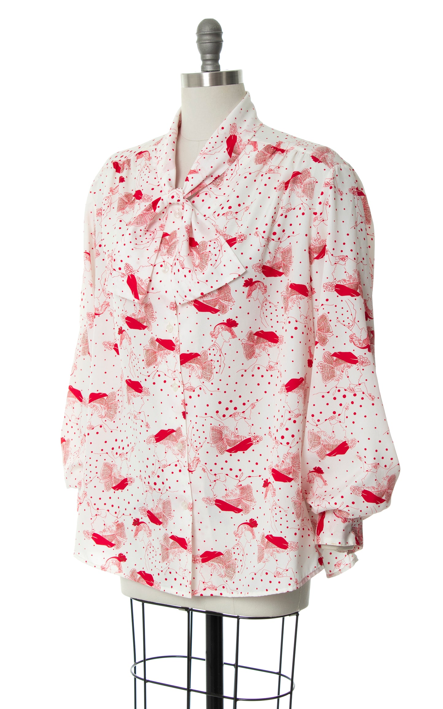 Vintage 1980s 80s does 1940s 40s Lady Polka Dot Novelty Print Pussy Bow White Blouse | x-large | Birthday Life Vintage