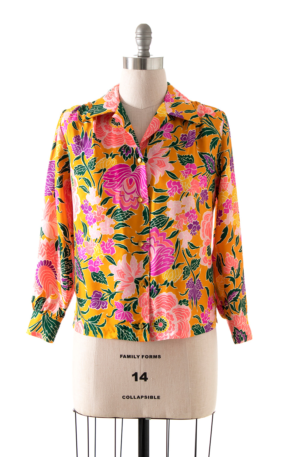 Vintage 1960s 60s 1970s 70s Bright Floral Printed Yellow Pink Button Up Long Sleeve Blouse Birthday Life Vintage