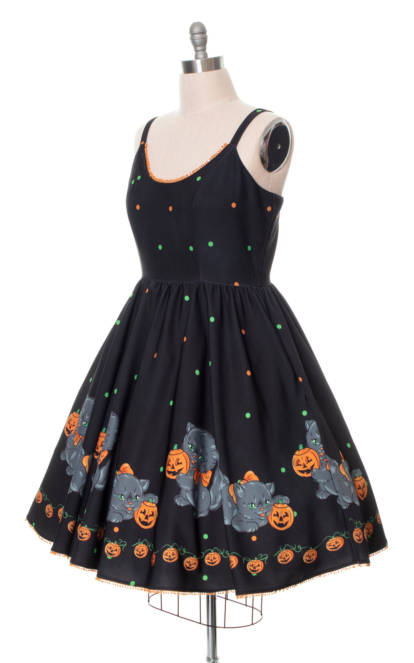 Modern Sourpuss Vintage 1950s Style Cats & Pumpkins Novelty Border Print Black Sundress with Pockets Birthday Life Vintage
