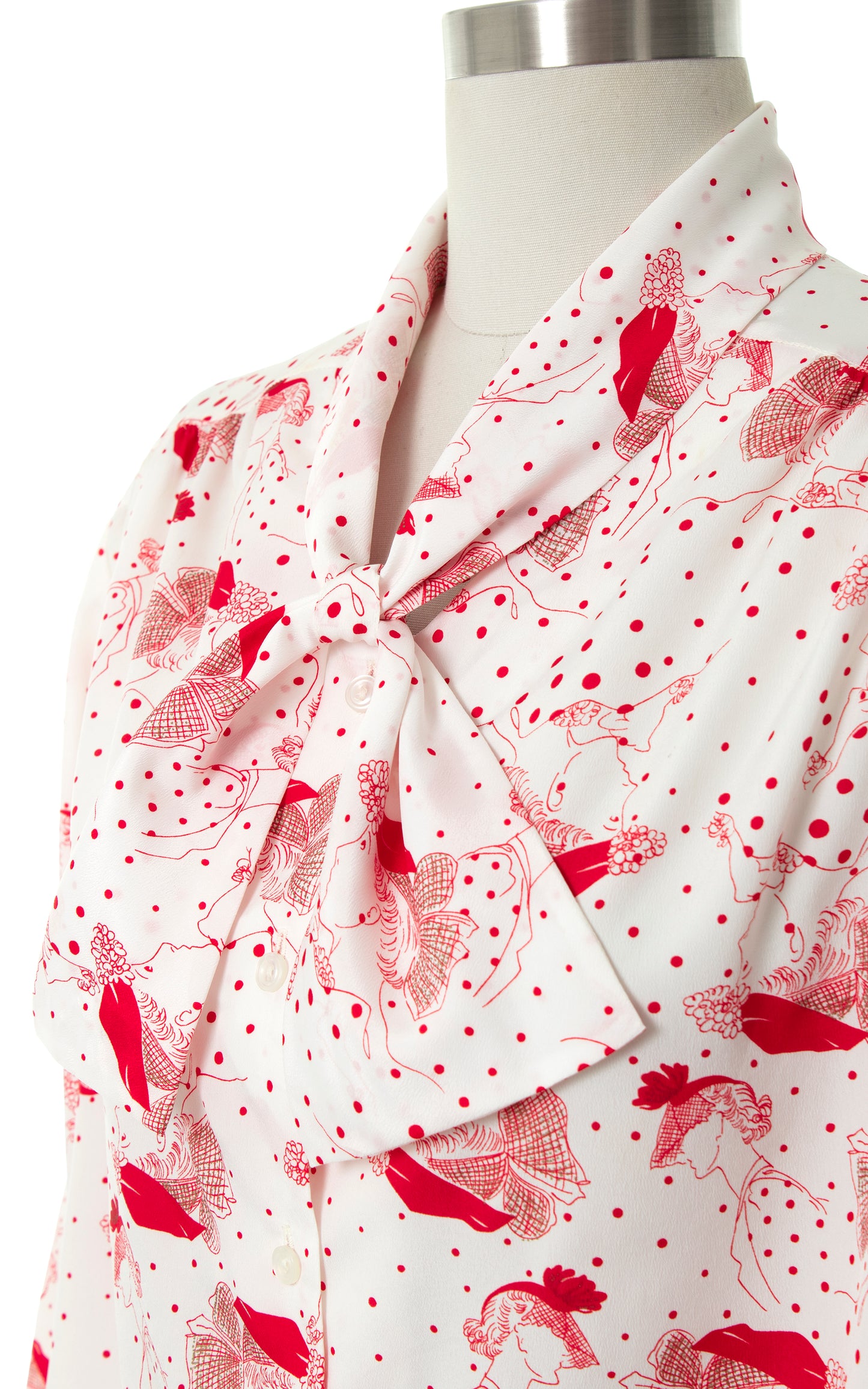 Vintage 1980s 80s does 1940s 40s Lady Polka Dot Novelty Print Pussy Bow White Blouse | x-large | Birthday Life Vintage