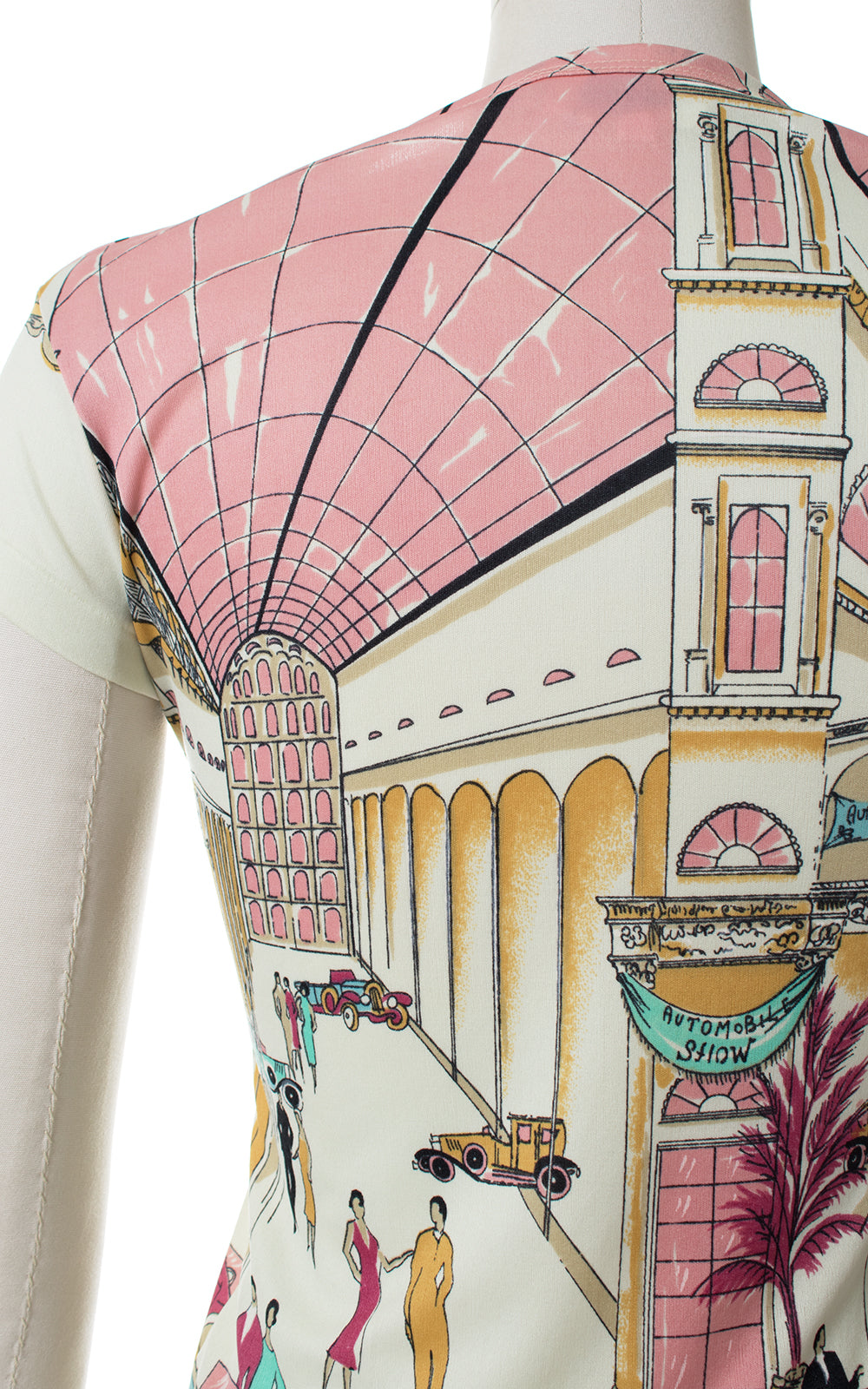 1970s Art Deco Auto Show Novelty Print Top