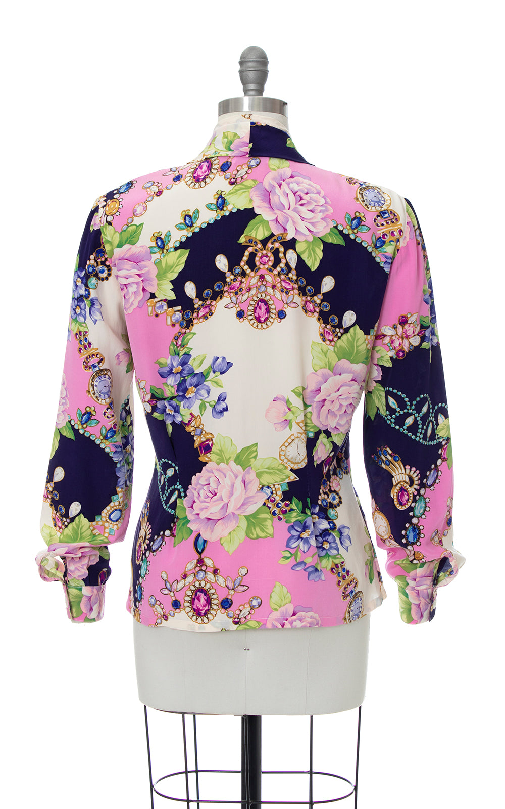 1980s Silk Rhinestone Jewelry Roses Novelty Print Blouse | medium/large