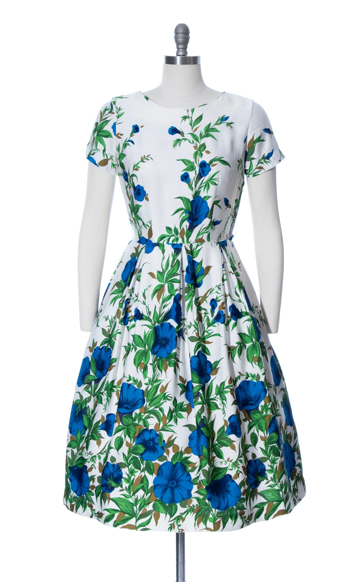 Vintage 50s 1950s Morning Glory Floral Border Print Cotton Fit and Flare Dress Birthday Life Vintage