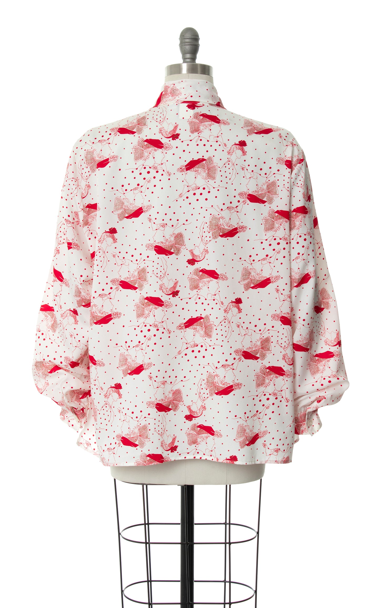 Vintage 1980s 80s does 1940s 40s Lady Polka Dot Novelty Print Pussy Bow White Blouse | x-large | Birthday Life Vintage