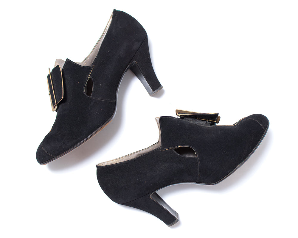 1930s Witchy Buckled Black Nubuck Leather Heels