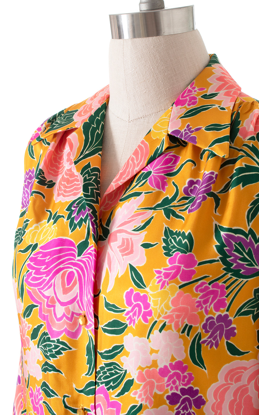 Vintage 1960s 60s 1970s 70s Bright Floral Printed Yellow Pink Button Up Long Sleeve Blouse Birthday Life Vintage