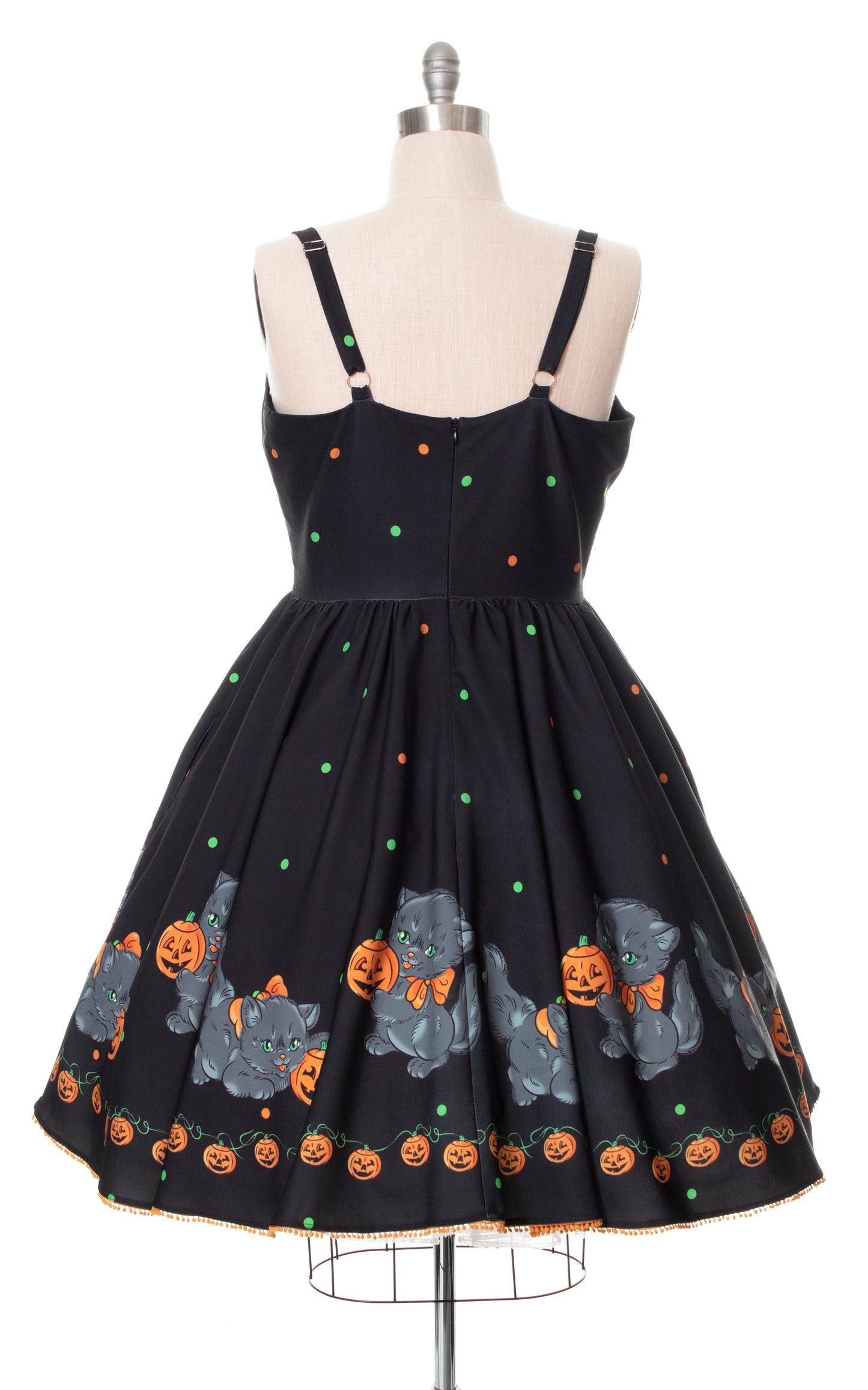Modern Sourpuss Vintage 1950s Style Cats & Pumpkins Novelty Border Print Black Sundress with Pockets Birthday Life Vintage