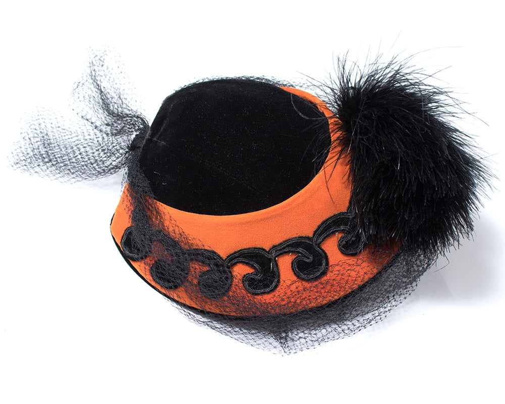 1940s Velvet & Feather Pom Pom Hat with Veil
