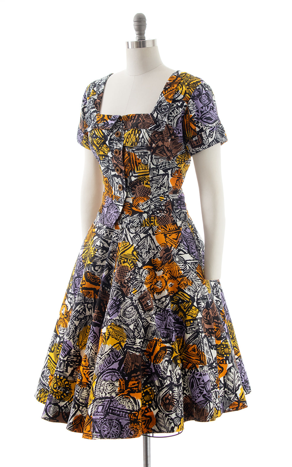 1950s Geometric Cotton Blouse & Skirt Set | medium