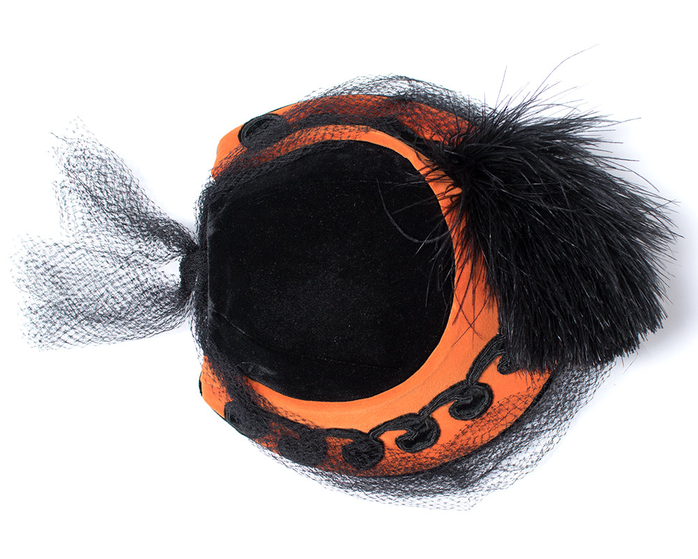 1940s Velvet & Feather Pom Pom Hat with Veil