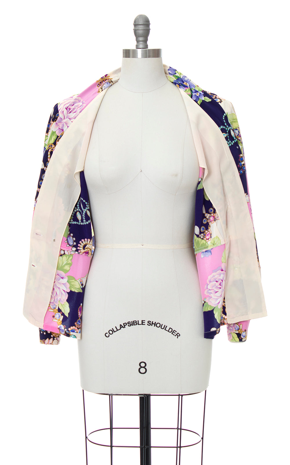 1980s Silk Rhinestone Jewelry Roses Novelty Print Blouse | medium/large