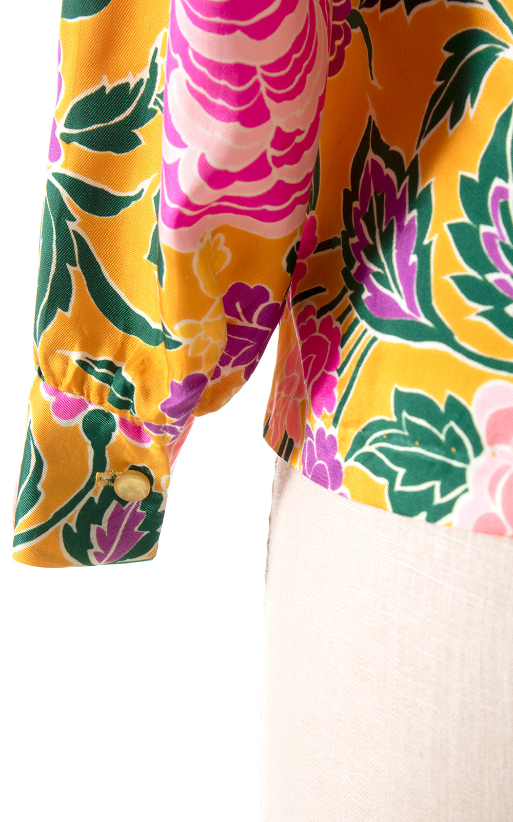 Vintage 1960s 60s 1970s 70s Bright Floral Printed Yellow Pink Button Up Long Sleeve Blouse Birthday Life Vintage