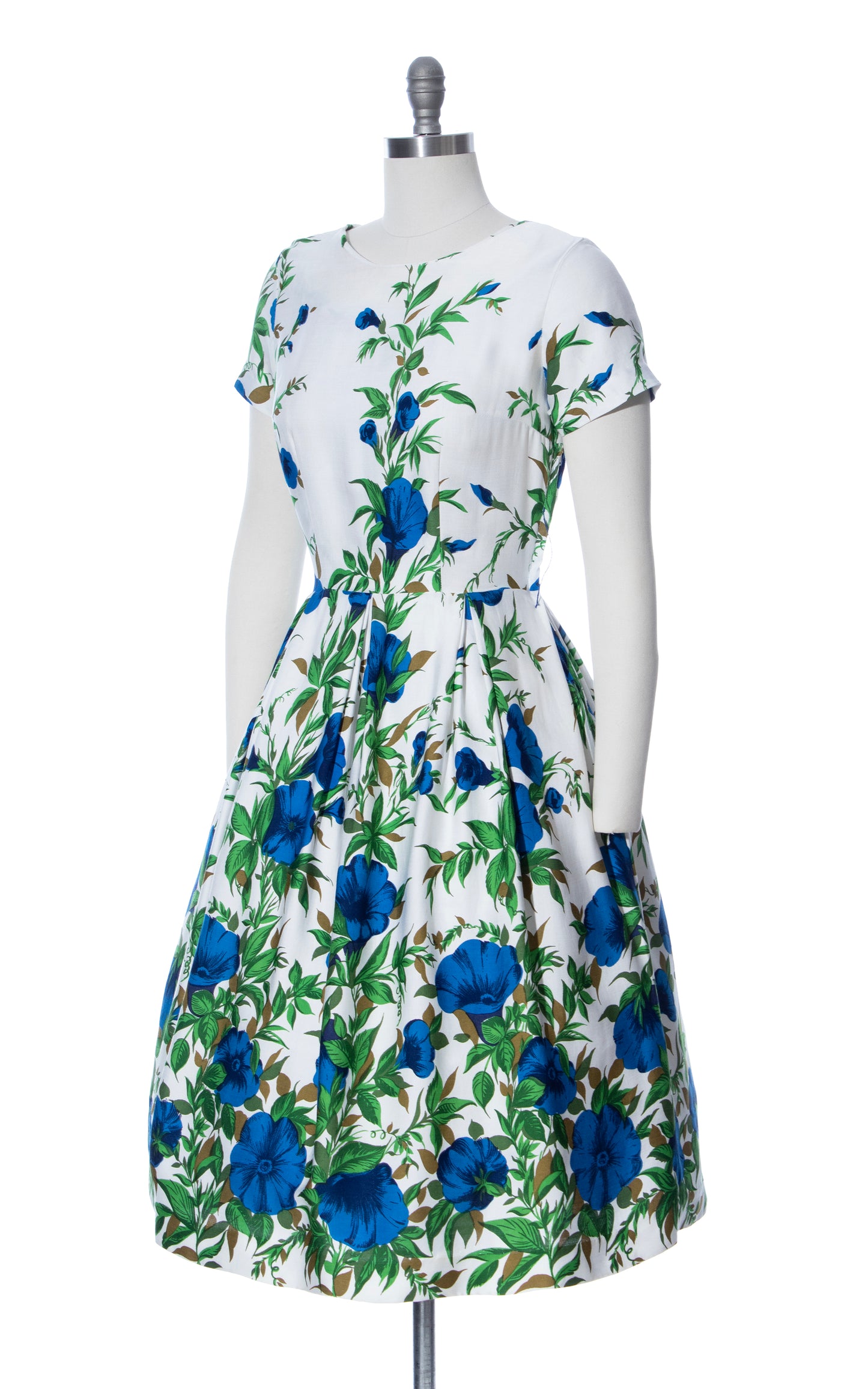 Vintage 50s 1950s Morning Glory Floral Border Print Cotton Fit and Flare Dress Birthday Life Vintage