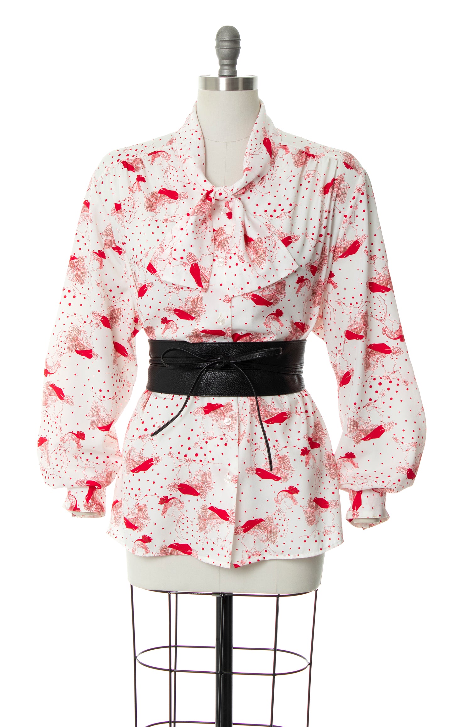 Vintage 1980s 80s does 1940s 40s Lady Polka Dot Novelty Print Pussy Bow White Blouse | x-large | Birthday Life Vintage