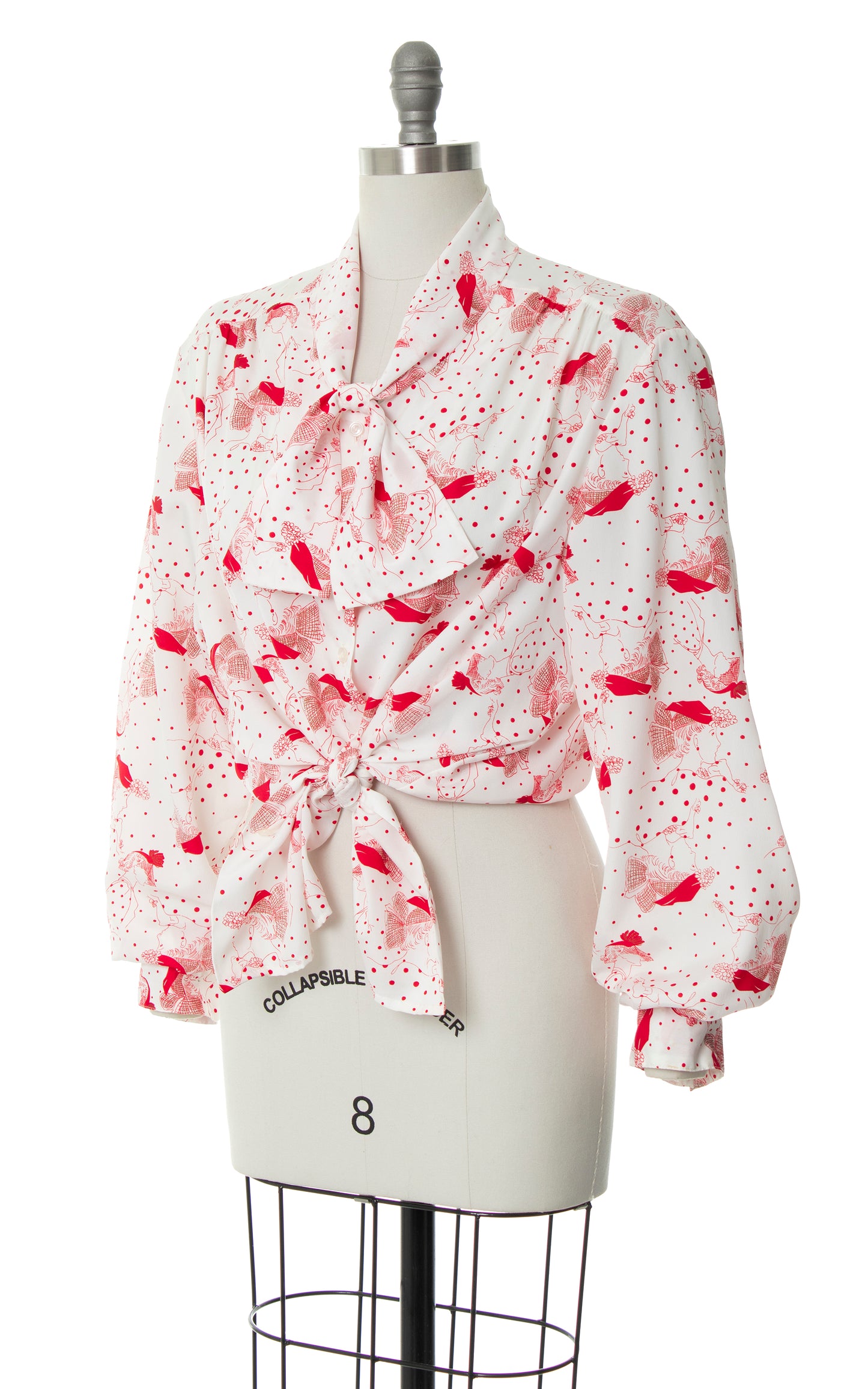 Vintage 1980s 80s does 1940s 40s Lady Polka Dot Novelty Print Pussy Bow White Blouse | x-large | Birthday Life Vintage