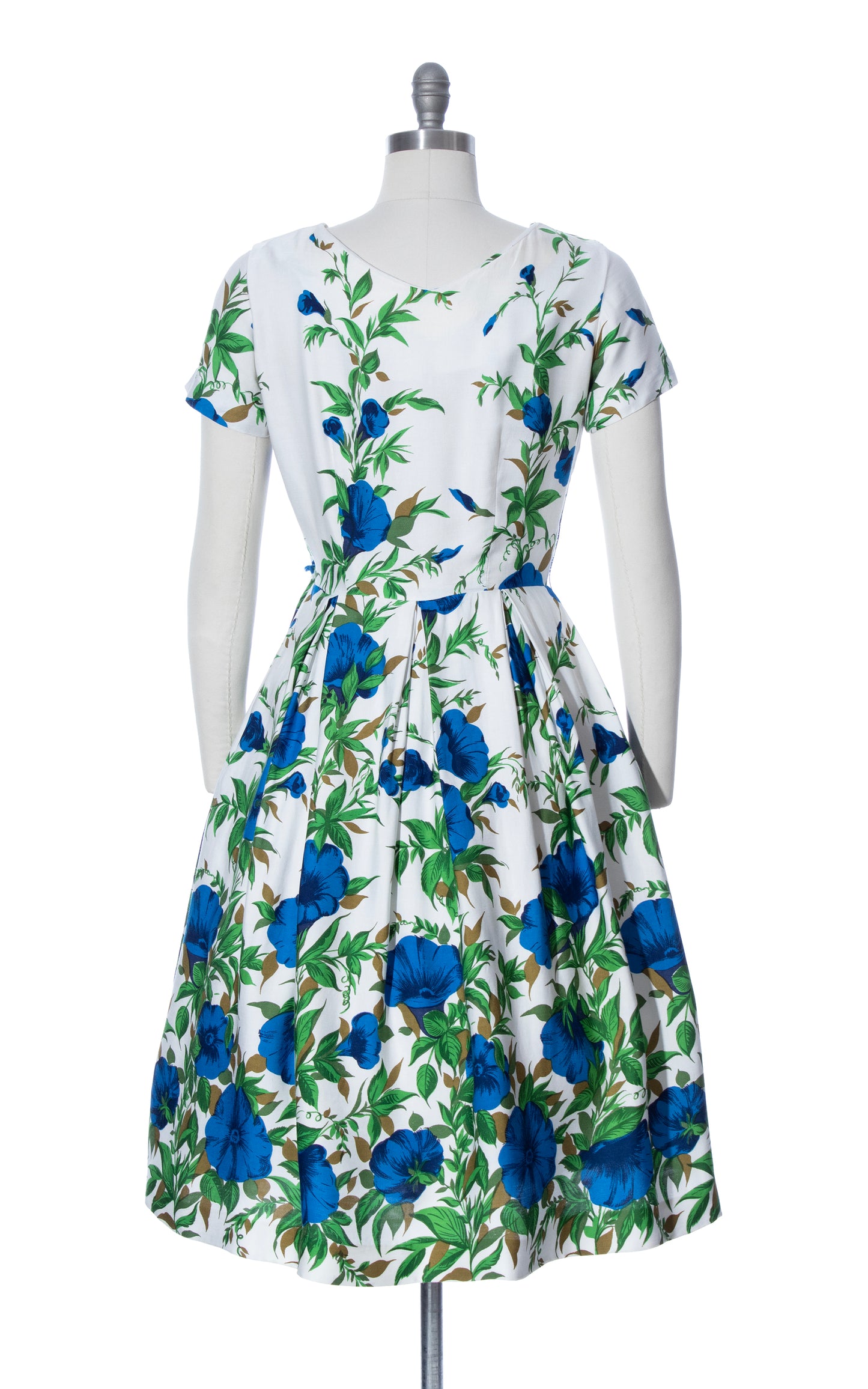 Vintage 50s 1950s Morning Glory Floral Border Print Cotton Fit and Flare Dress Birthday Life Vintage