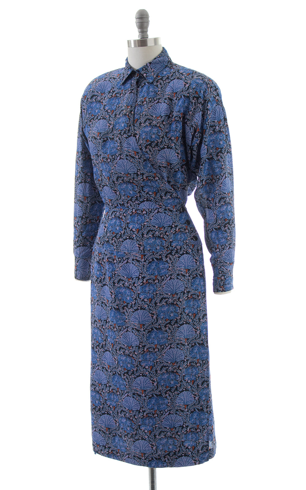 1980s Karin Stevens Birds & Plants Rayon Wrap Dress