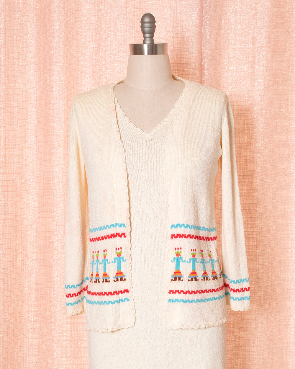 [AS-IS] 1970s Kochina Doll Novelty Border Print Knit Sweater Dress & Cardigan Set | medium/large