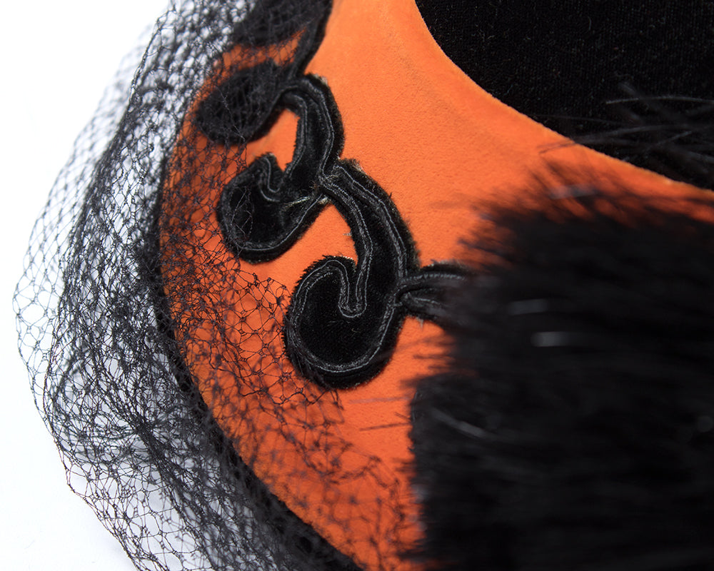 1940s Velvet & Feather Pom Pom Hat with Veil